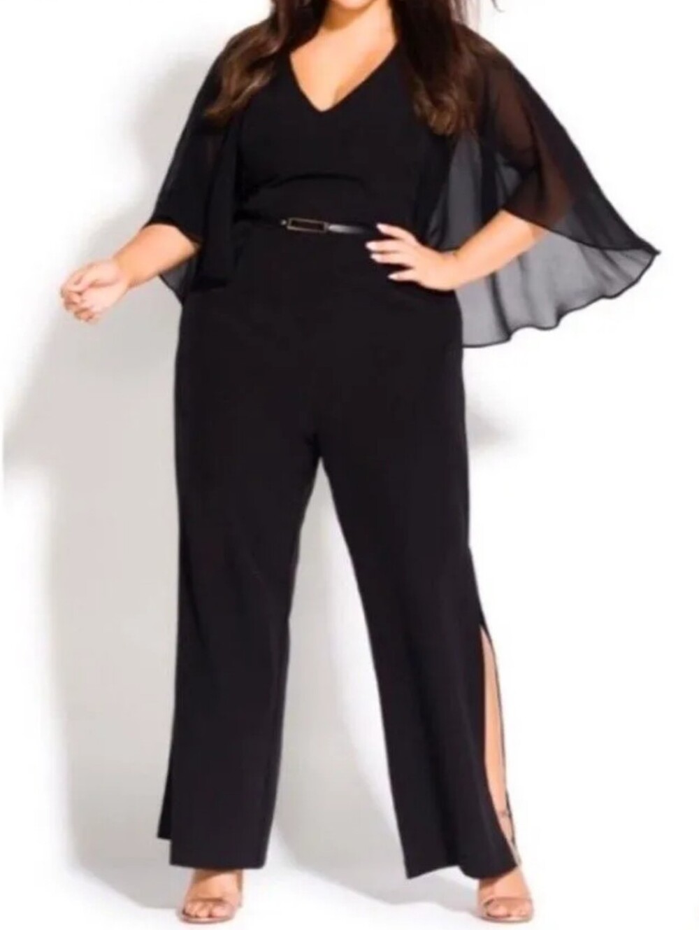 NWT City Chic Heiress Jumpsuit Black Caped 16/1X Sleeveless Wide/Split Leg Black